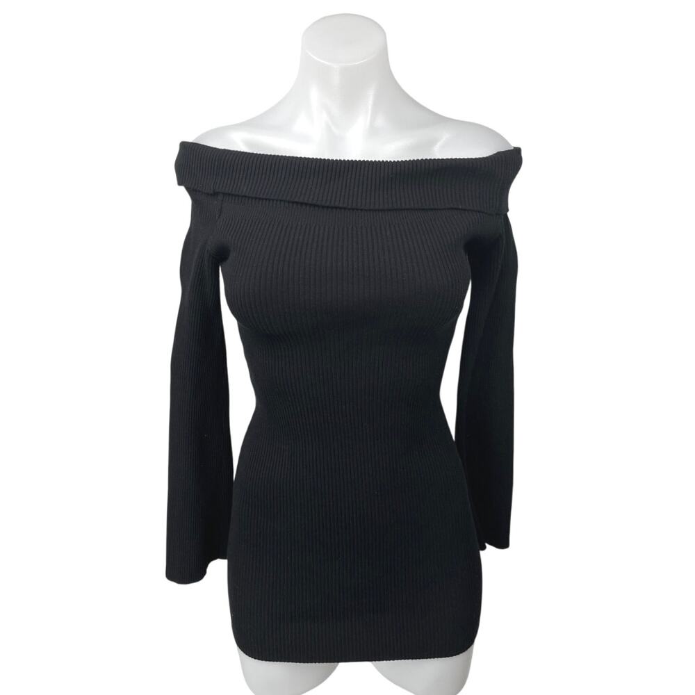 Tiger Mist Black Rib Knit Off Shoulder Long Sleeve Mini Bodycon Sweater Dress S